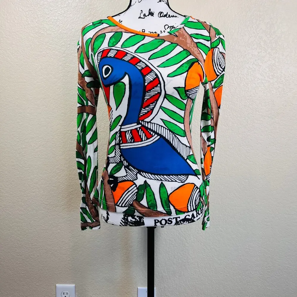 Tory Burch Green/ Blue long sleeve crew neck top size XS bird print